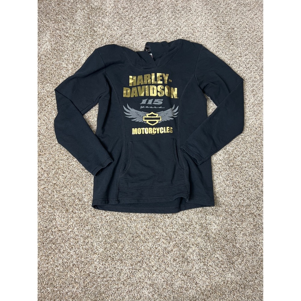 Harley-Davidson 115th Anniversary Hoodie Womens Small Black Gold Foil Graphic